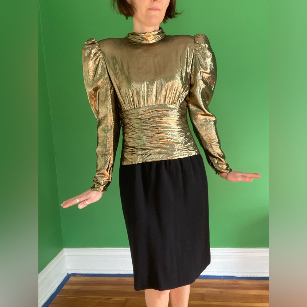 80s Ann Lawrence couture Gold lame Metallic Puff Sleeve Black dress collectible
